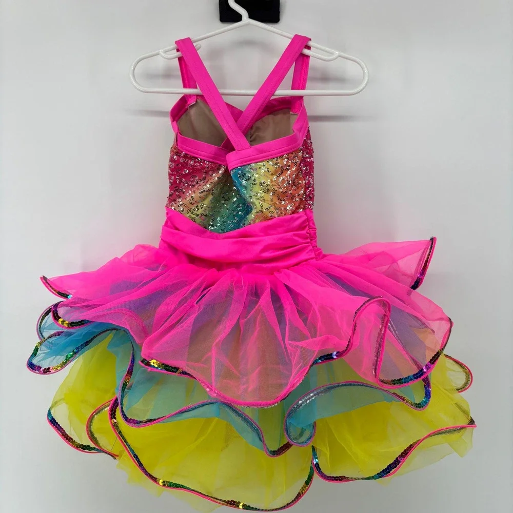 Weissman Kids Rainbow Sequin Dance Costume Tutu Leotard Neon Pink Yellow XSC